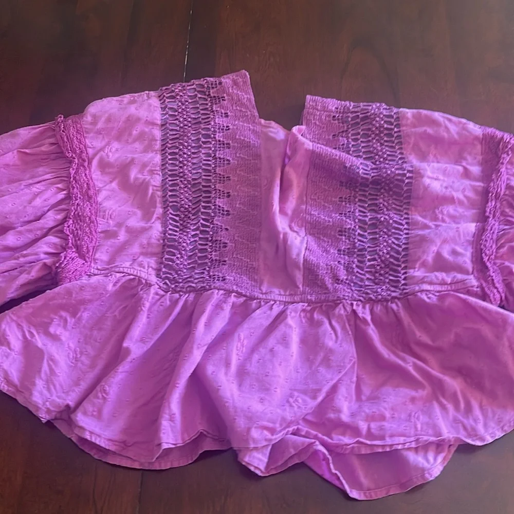 26098 Free People Drive You Mad Blouse Sz Small Boho Tie Sleeves Neon Orchid EUC - Picture 6 of 11